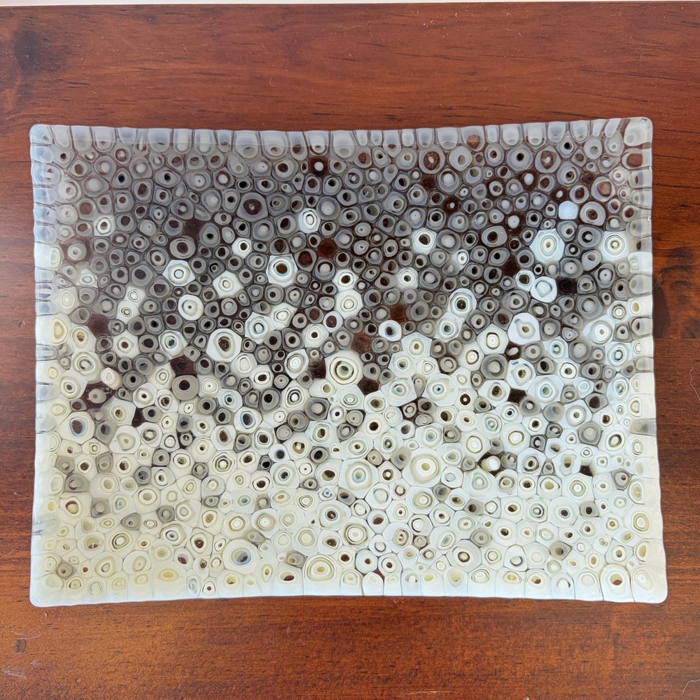 Artisan Fused Glass Murrine Rectangular Tray Cream Grey White Millefiori 8.25"